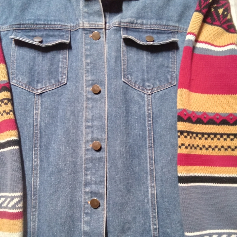 Denim Jacket with Red & Yellow Patterned Knit Sleeves Monroe & Main Size 3XL